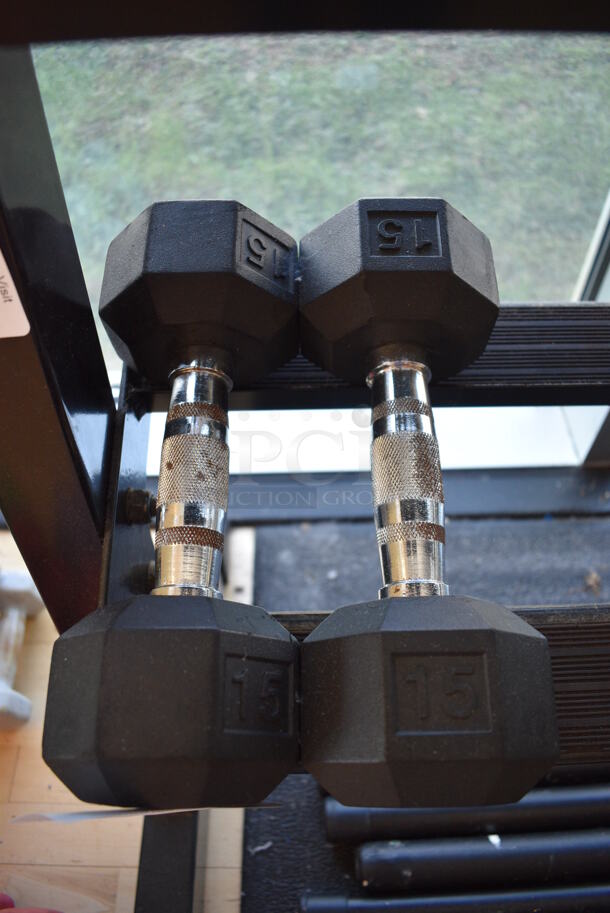 2 Power Systems Metal Black and Chrome Finish 15 Pound Hex Dumbbells. 4x11.5x4. 2 Times Your Bid! (upstairs - side room)