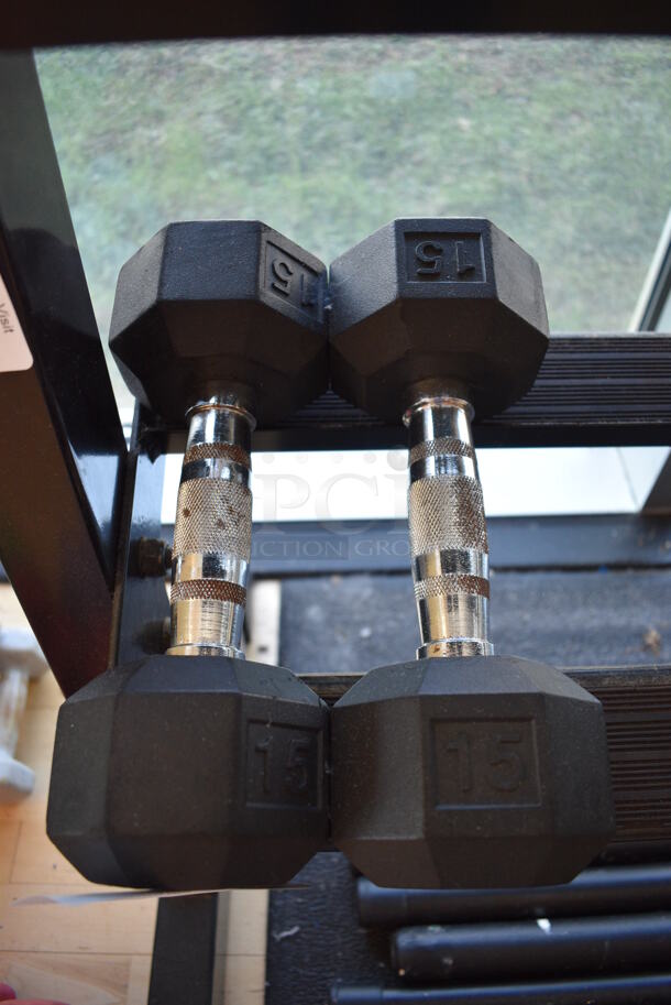 2 Power Systems Metal Black and Chrome Finish 15 Pound Hex Dumbbells. 4x11.5x4. 2 Times Your Bid! (upstairs - side room) - Image 1 of 3