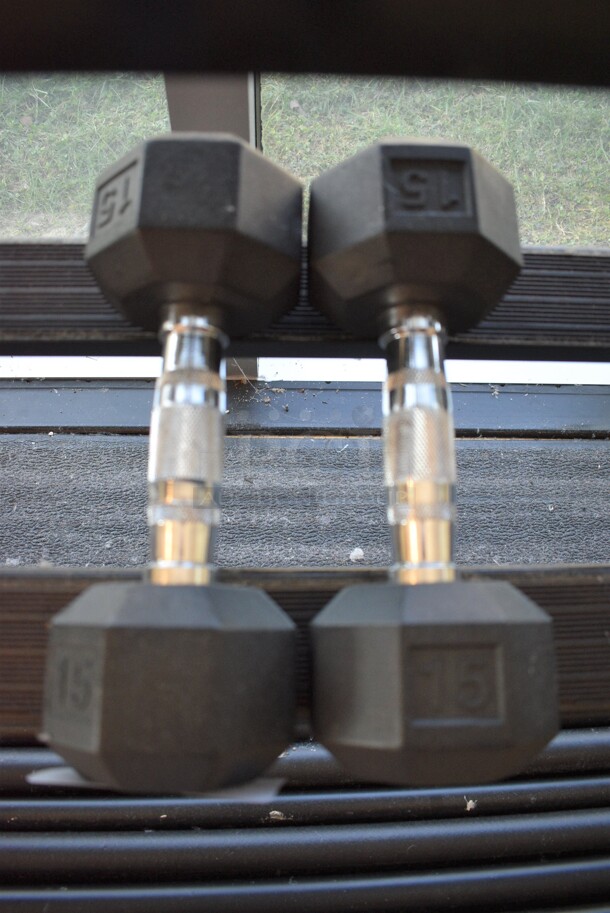 2 Power Systems Metal Black and Chrome Finish 15 Pound Hex Dumbbells. 4x11.5x4. 2 Times Your Bid! (upstairs - side room)