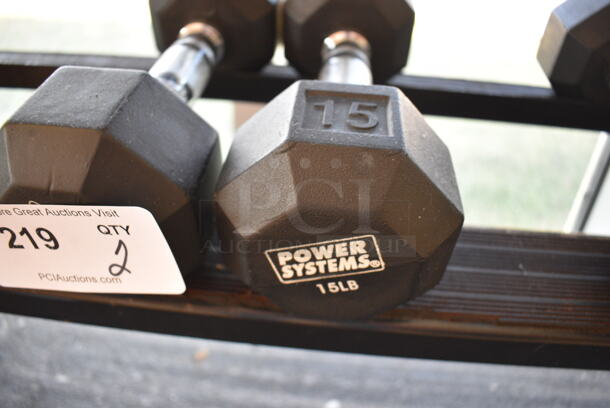 2 Power Systems Metal Black and Chrome Finish 15 Pound Hex Dumbbells. 4x11.5x4. 2 Times Your Bid! (upstairs - side room) - Image 3 of 3