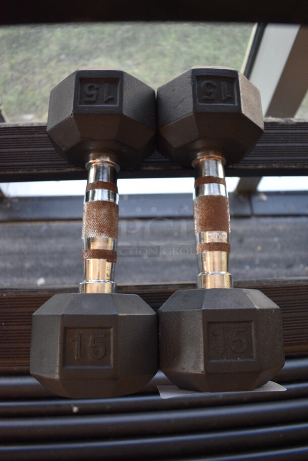 2 Power Systems Metal Black and Chrome Finish 15 Pound Hex Dumbbells. 4x11.5x4. 2 Times Your Bid! (upstairs - side room)