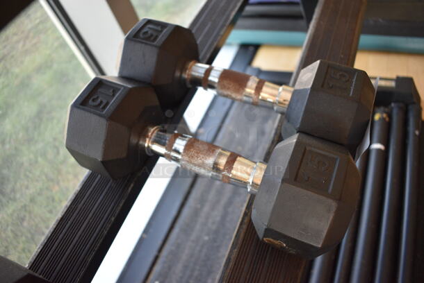 2 Power Systems Metal Black and Chrome Finish 15 Pound Hex Dumbbells. 4x11.5x4. 2 Times Your Bid! (upstairs - side room) - Image 2 of 3