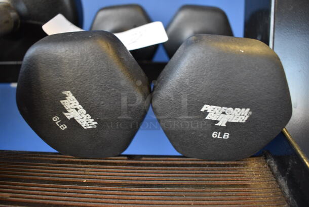 2 Perform Better Black Neoprene Coated Metal 6 Pound Dumbbells. 3.5x7x3.5. 2 Times Your Bid! (upstairs)
 - Image 2 of 2