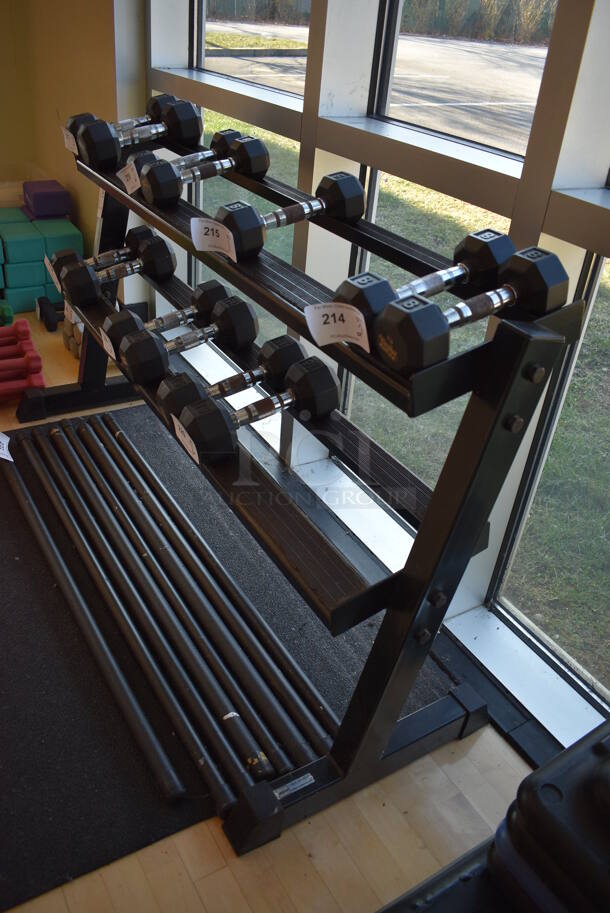 Black Metal 2 Tier Dumbbell Rack. Does Not Include Contents. BUYER MUST REMOVE. 58x21x32. (aerobic room) - Image 2 of 3