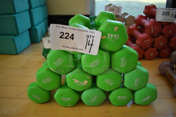 14 Spri Green Neoprene 3 Pound Hex Dumbbells. 2.5x6x2.5. 14 Times Your Bid! (aerobic room)