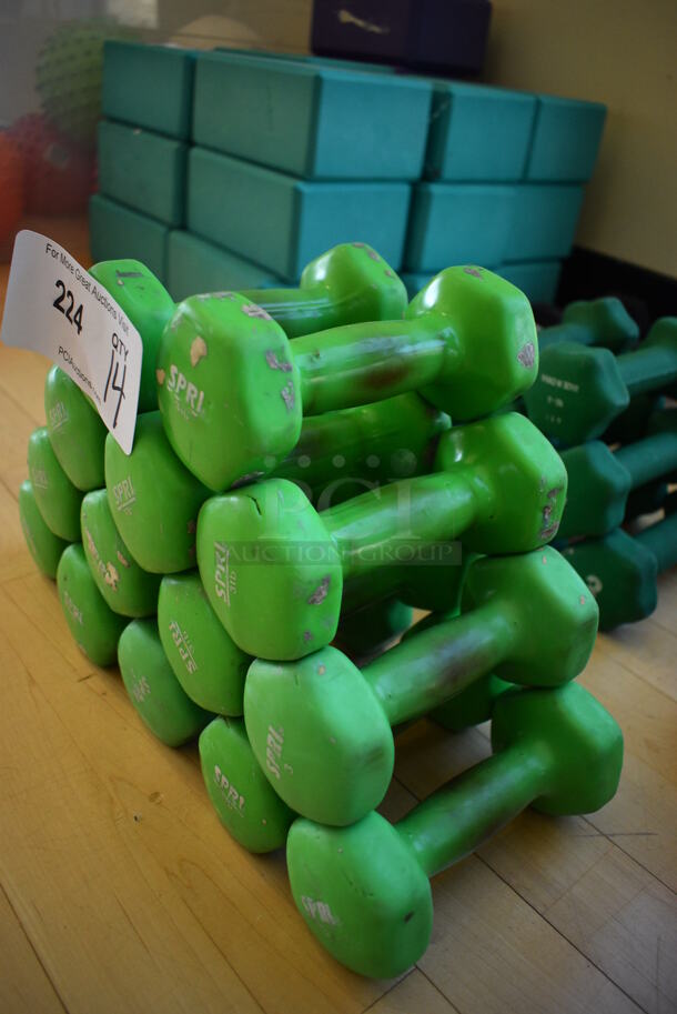 14 Spri Green Neoprene 3 Pound Hex Dumbbells. 2.5x6x2.5. 14 Times Your Bid! (aerobic room) - Image 2 of 3