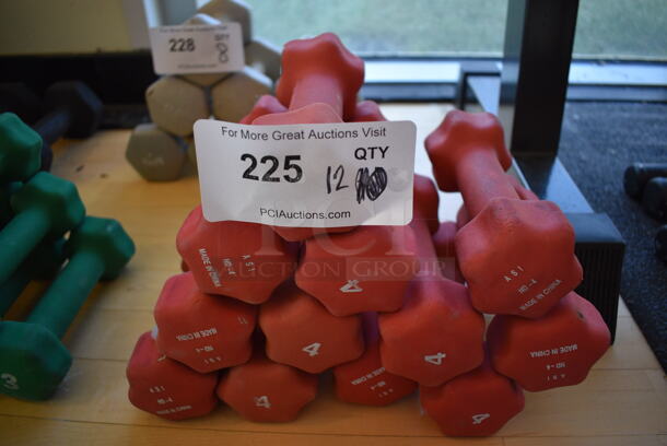 12 Red Neoprene 4 Pound Hex Dumbbells. 2.5x7x2.5. 12 Times Your Bid! (aerobic room)