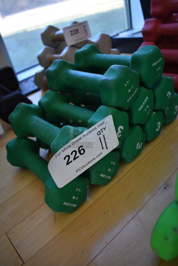 11 Green Neoprene 3 Pound Hex Dumbbells. 2.5x7x2.5. 11 Times Your Bid! (aerobic room)