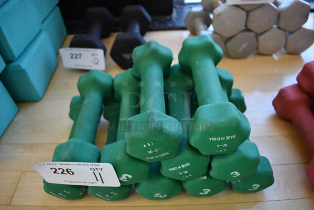 11 Green Neoprene 3 Pound Hex Dumbbells. 2.5x7x2.5. 11 Times Your Bid! (aerobic room) - Image 2 of 2