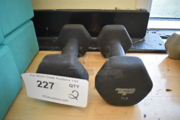 2 Black Neoprene 7 Pound Hex Dumbbells. 3.5x7.5x3.5. 2 Times Your Bid! (aerobic room)