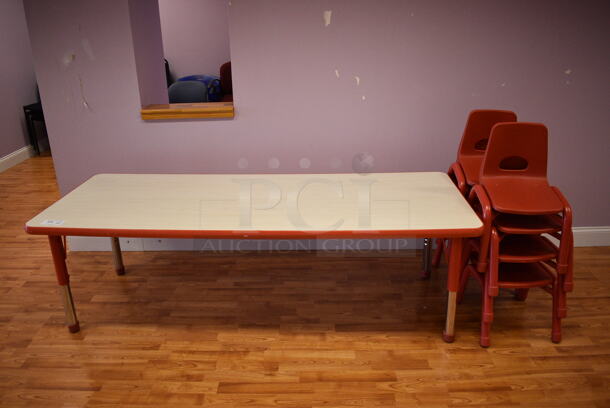 Wood Pattern Childrens Table w/ 8 Red Childrens Chairs. (daycare)