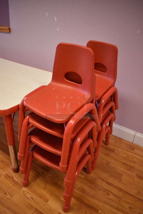 Wood Pattern Childrens Table w/ 8 Red Childrens Chairs. (daycare) - Image 2 of 3