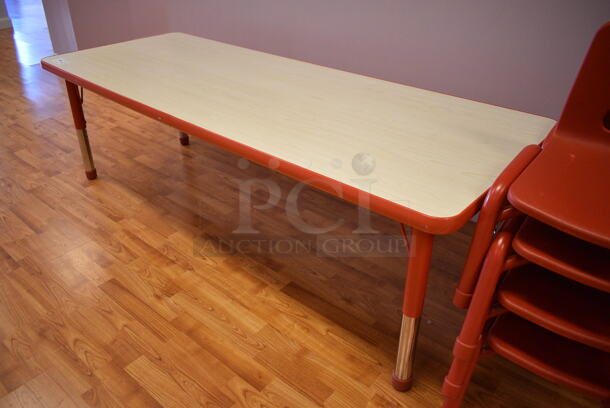 Wood Pattern Childrens Table w/ 8 Red Childrens Chairs. (daycare) - Image 3 of 3