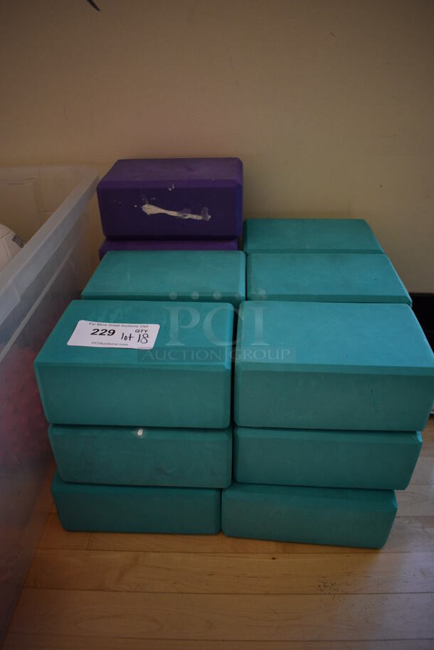 ALL ONE MONEY! Lot of 19 Yoga Blocks; Green and Purple. 9x5.5x4. (aerobic room)
