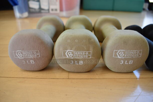 7 Various Neoprene Dumbbells; Three 3 Pound, Four 1 Pound. Includes 2.5x5.5x2.5. 7 Times Your Bid! (aerobic room) - Image 2 of 3