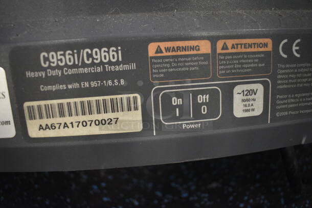 NICE! Precor Model C966i Metal Heavy Duty Commercial Floor Style Treadmill w/ Entertainment Controls and Heart Rate Sensors. 120 Volts, 1 Phase. BUYER MUST REMOVE. 35x87x66. Tested and Working! (upstairs) This Unit Will Be Moved Down To The First Floor Before Pick Up Day Begins! - Image 7 of 7