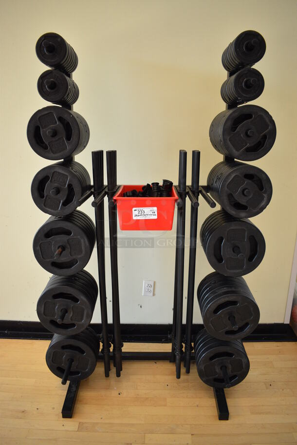 Black Metal Weight Plate Rack. Does Not Come w/ Contents. BUYER MUST REMOVE. 35x25x72. (aerobic room)