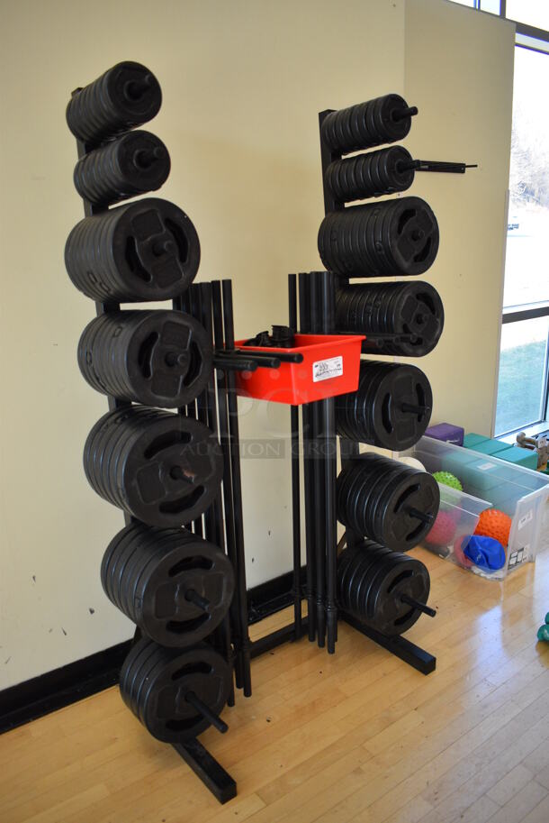 Black Metal Weight Plate Rack. Does Not Come w/ Contents. BUYER MUST REMOVE. 35x25x72. (aerobic room) - Image 2 of 5