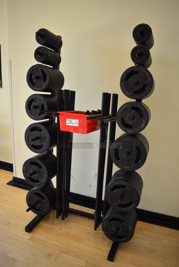 Black Metal Weight Plate Rack. Does Not Come w/ Contents. BUYER MUST REMOVE. 35x25x72. (aerobic room) - Image 3 of 5