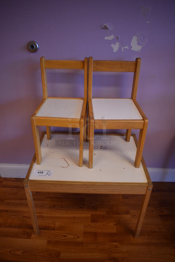 Wood Pattern Table w/ 2 Dining Chairs. (daycare) - Image 1 of 3
