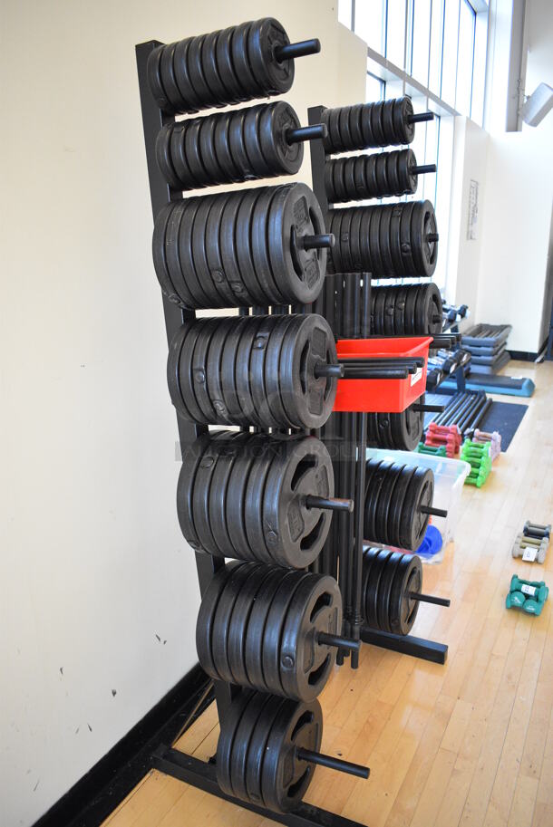 Black Metal Weight Plate Rack. Does Not Come w/ Contents. BUYER MUST REMOVE. 35x25x72. (aerobic room) - Image 5 of 5