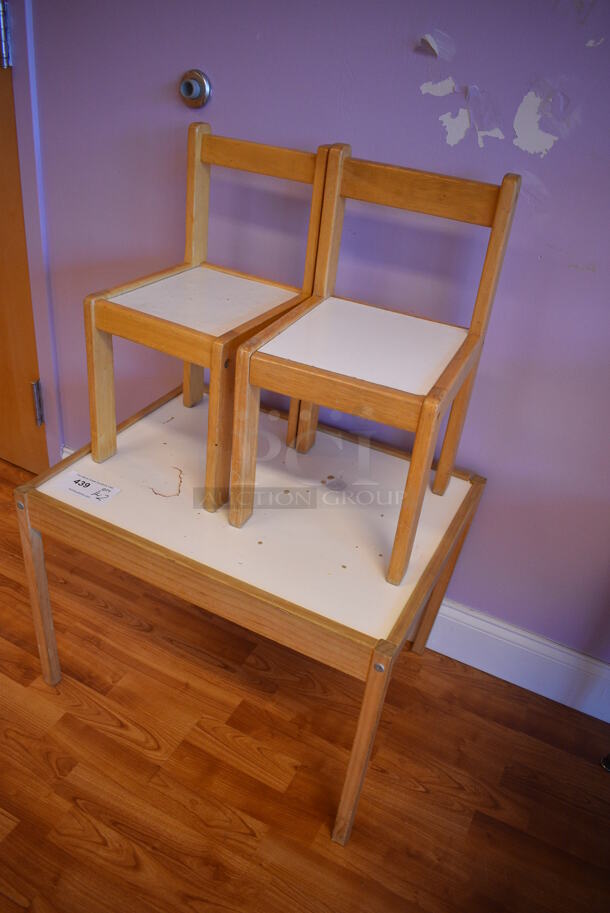Wood Pattern Table w/ 2 Dining Chairs. (daycare) - Image 2 of 3