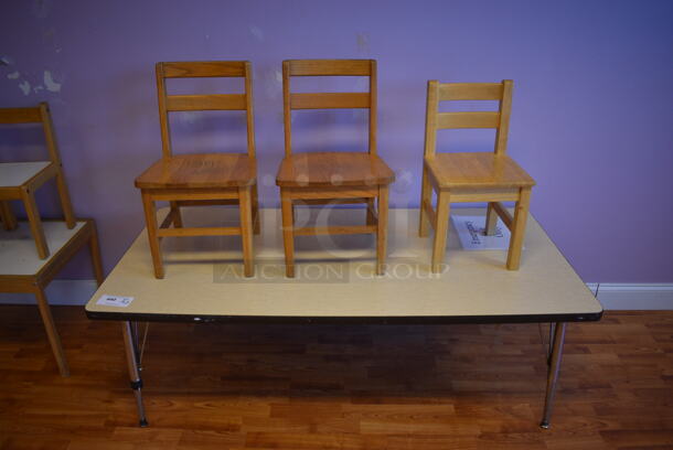 Wood Pattern Table w/ 3 Dining Chairs. (daycare) - Image 1 of 3