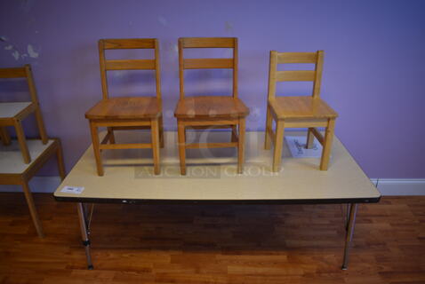 Wood Pattern Table w/ 3 Dining Chairs. (daycare)