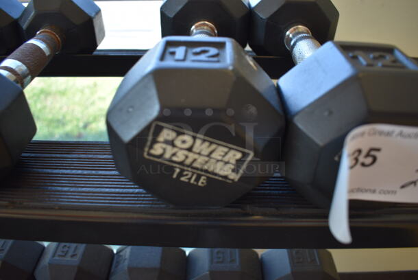 2 Power Systems Metal Black and Chrome Finish 12 Pound Hex Dumbbells. 4x11x4. 2 Times Your Bid! (aerobic room) - Image 3 of 3
