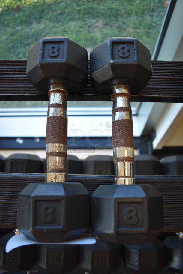 2 Power Systems Metal Black and Chrome Finish 8 Pound Hex Dumbbells. 3.5x10x3.5. 2 Times Your Bid! (aerobic room)