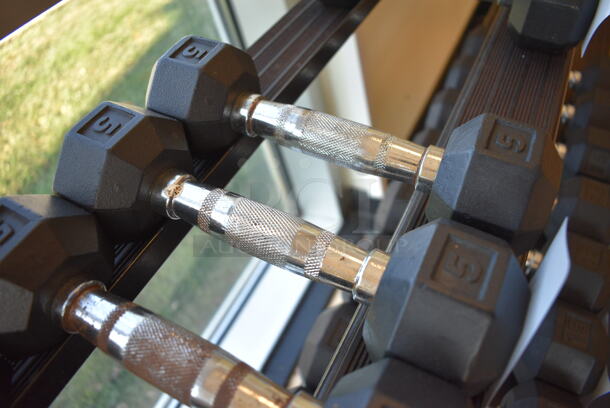 2 Power Systems Metal Black and Chrome Finish 5 Pound Hex Dumbbells. 3x10x3. 2 Times Your Bid! (aerobic room) - Image 2 of 3