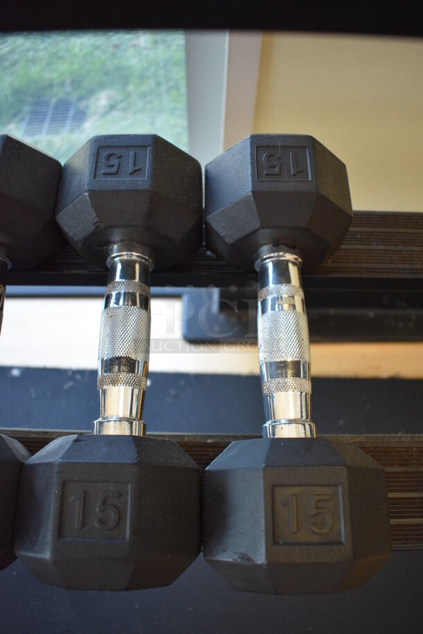 2 Power Systems Metal Black and Chrome Finish 15 Pound Hex Dumbbells. 4x11.5x4. 2 Times Your Bid! (aerobic room)