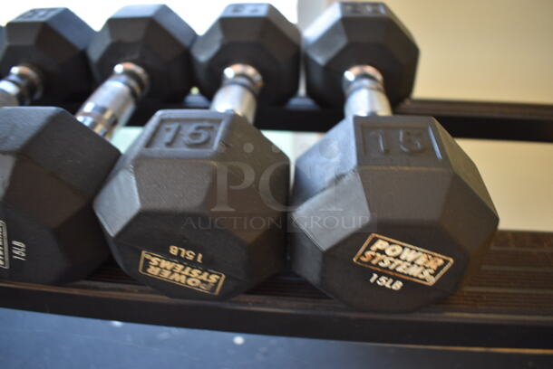 2 Power Systems Metal Black and Chrome Finish 15 Pound Hex Dumbbells. 4x11.5x4. 2 Times Your Bid! (aerobic room) - Image 2 of 3