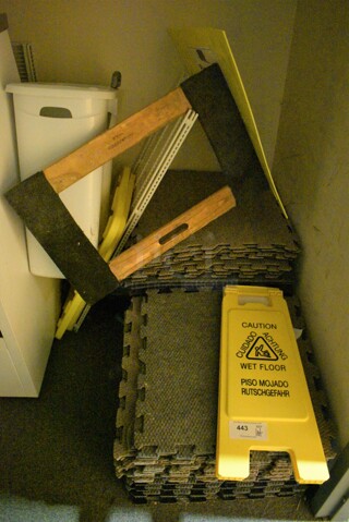 ALL ONE MONEY! Lot of Various Items Including Sixty Floor Mats, Furniture Dolly and Wet Floor Caution Sign! BUYER MUST REMOVE. (office wing)