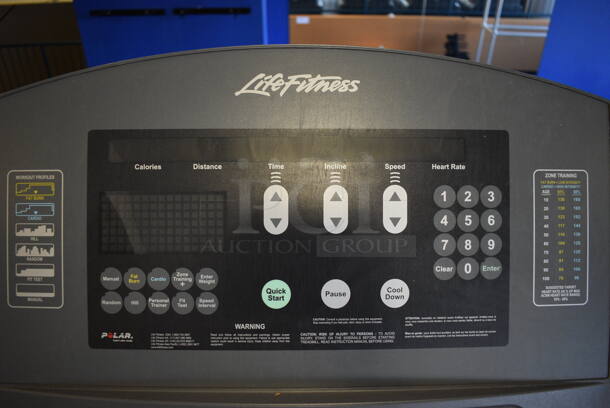 NICE! Life Fitness Model 95T Metal Heavy Duty Commercial Floor Style Treadmill w/ Heart Rate Sensors and Cup Holders. 120 Volts, 1 Phase. BUYER MUST REMOVE. 36x84x65. Tested and Working! (upstairs) This Unit Will Be Moved Down To The First Floor Before Pick Up Day Begins! - Image 7 of 8