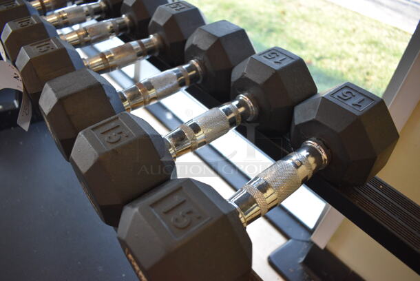 2 Power Systems Metal Black and Chrome Finish 15 Pound Hex Dumbbells. 4x11.5x4. 2 Times Your Bid! (aerobic room) - Image 3 of 3