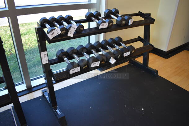 Black Metal 2 Tier Dumbbell Rack. Does Not Include Contents. BUYER MUST REMOVE. 58x21x32. (aerobic room) - Image 2 of 3