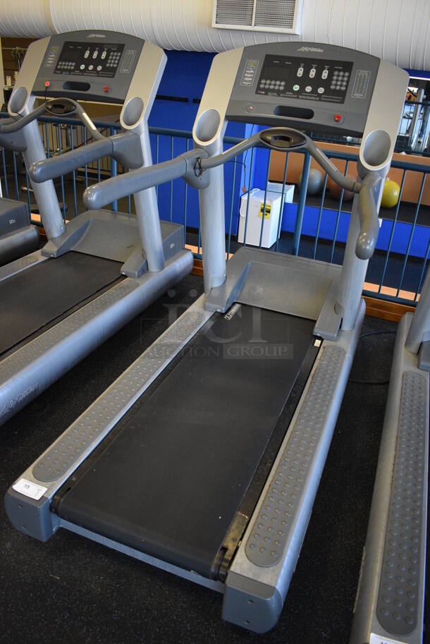 NICE! Life Fitness Model 95T Metal Heavy Duty Commercial Floor Style Treadmill w/ Heart Rate Sensors and Cup Holders. 120 Volts, 1 Phase. BUYER MUST REMOVE. 36x84x65. Tested and Working! (upstairs) This Unit Will Be Moved Down To The First Floor Before Pick Up Day Begins! - Image 2 of 8