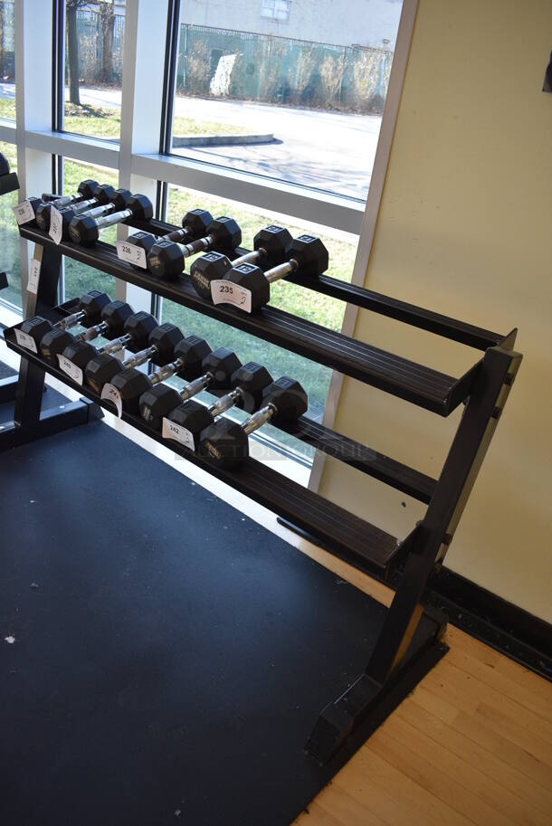 Black Metal 2 Tier Dumbbell Rack. Does Not Include Contents. BUYER MUST REMOVE. 58x21x32. (aerobic room) - Image 3 of 3