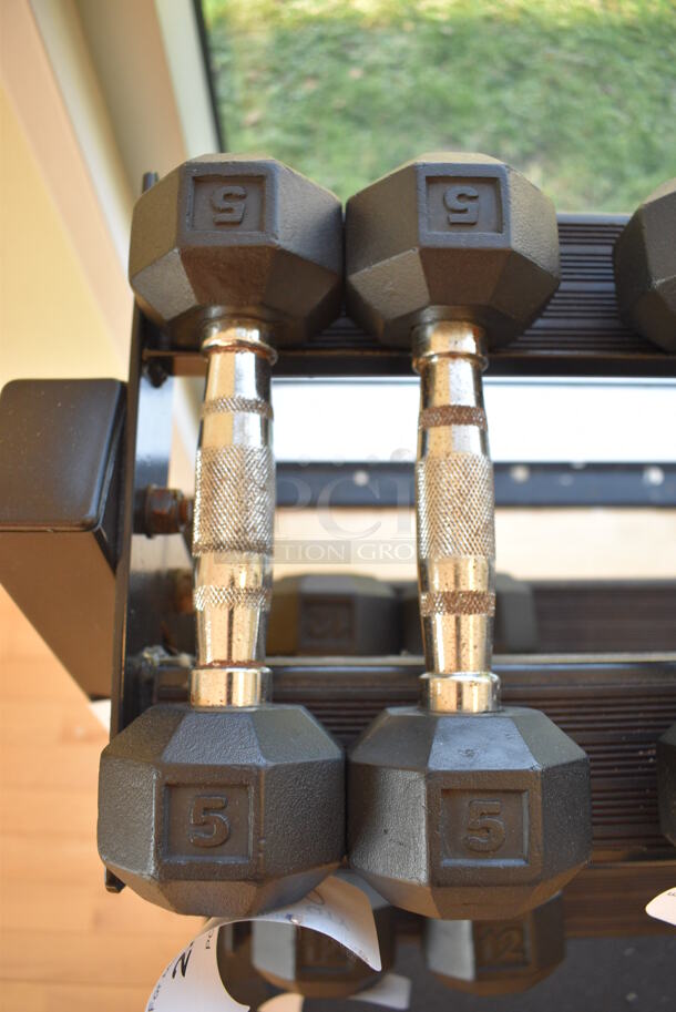 2 Power Systems Metal Black and Chrome Finish 5 Pound Hex Dumbbells. 3x10x3. 2 Times Your Bid! (upstairs - side room)