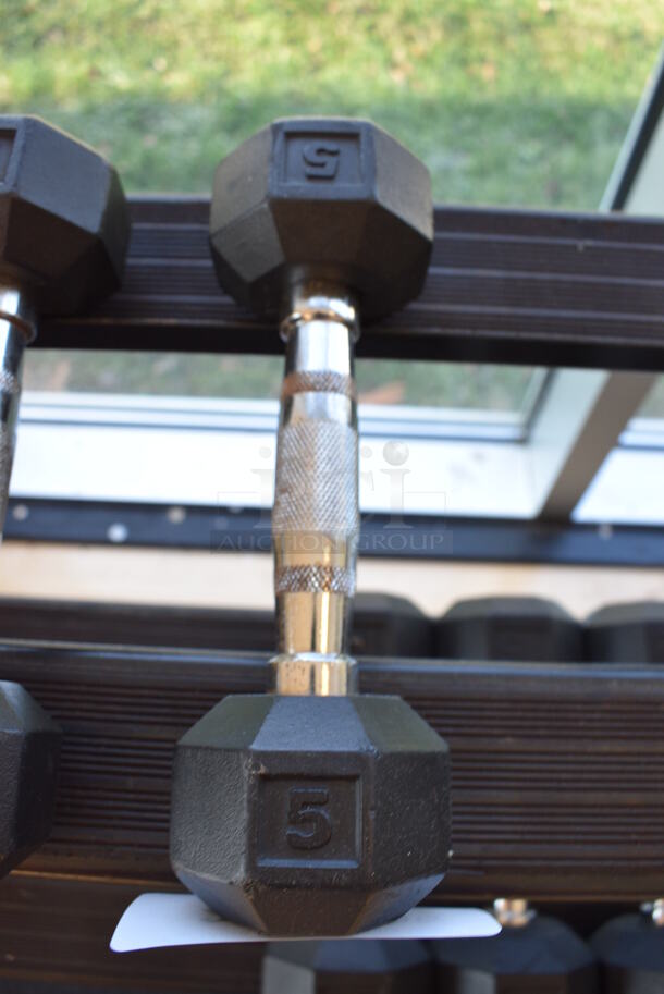 Power Systems Metal Black and Chrome Finish 5 Pound Hex Dumbbell. 3x10x3. (upstairs - side room) - Image 1 of 2