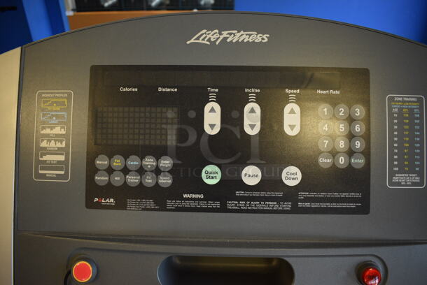 NICE! Life Fitness Model 95T Metal Heavy Duty Commercial Floor Style Treadmill w/ Heart Rate Sensors and Cup Holders. 120 Volts, 1 Phase. BUYER MUST REMOVE. 36x84x65. Tested and Working! (upstairs) This Unit Will Be Moved Down To The First Floor Before Pick Up Day Begins! - Image 7 of 8