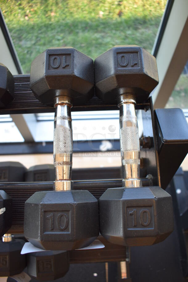 2 Power Systems Metal Black and Chrome Finish 10 Pound Hex Dumbbells. 4x10.5x4. 2 Times Your Bid! (upstairs - side room)