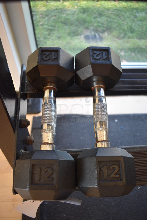 2 Power Systems Metal Black and Chrome Finish 12 Pound Hex Dumbbells. 4x11x4. 2 Times Your Bid! (upstairs - side room)