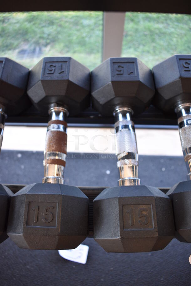 2 Power Systems Metal Black and Chrome Finish 15 Pound Hex Dumbbells. 4x11.5x4. 2 Times Your Bid! (upstairs - side room) - Image 1 of 3