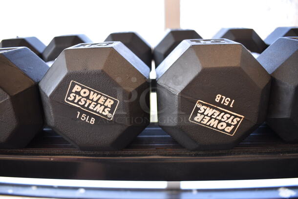 2 Power Systems Metal Black and Chrome Finish 15 Pound Hex Dumbbells. 4x11.5x4. 2 Times Your Bid! (upstairs - side room) - Image 3 of 3