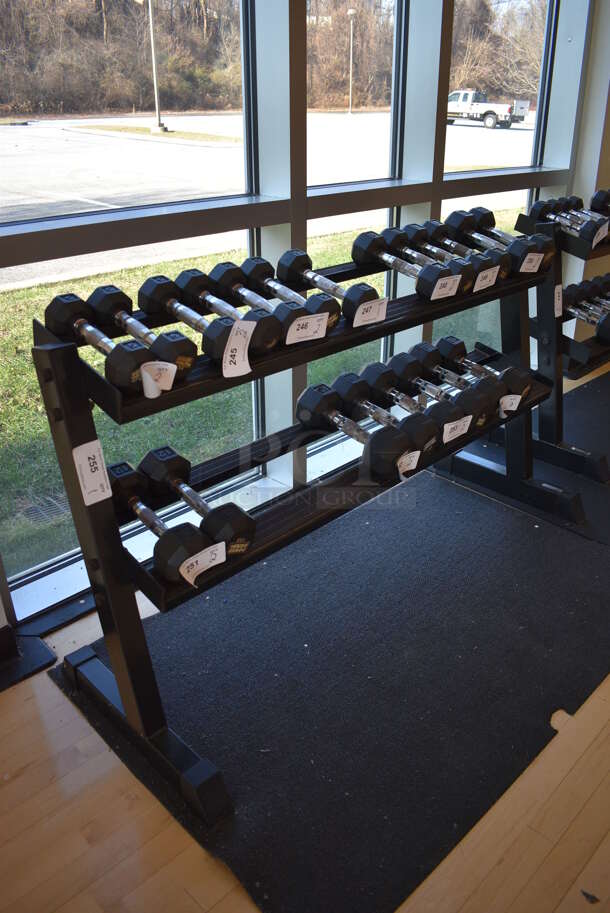 Black Metal 2 Tier Dumbbell Rack. Does Not Come w/ Contents. BUYER MUST REMOVE. 58x21x32. (aerobic room) - Image 3 of 3