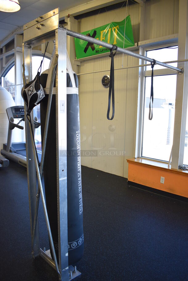 Metal Commercial Floor and Wall Mounted Bar w/ Utslayer Punching Bag and Punching Ball. BUYER MUST REMOVE. 105x21x90. (upstairs) - Image 1 of 7