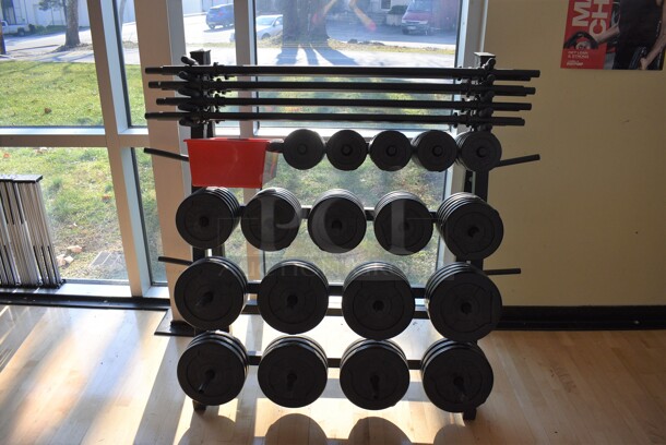 Black Metal Floor Style Weight Plate Rack. Does Not Include Contents. BUYER MUST REMOVE. 65x28x53