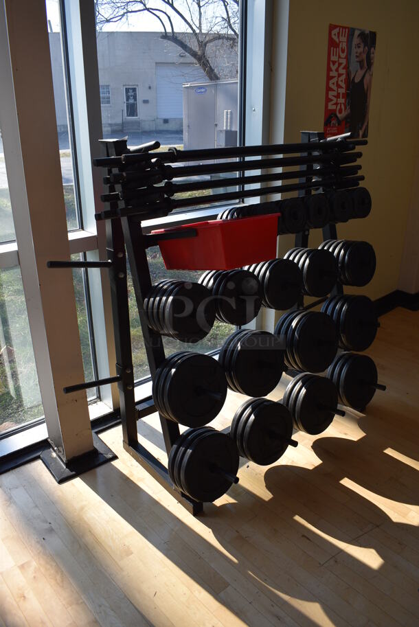 Black Metal Floor Style Weight Plate Rack. Does Not Include Contents. BUYER MUST REMOVE. 65x28x53 - Image 2 of 6